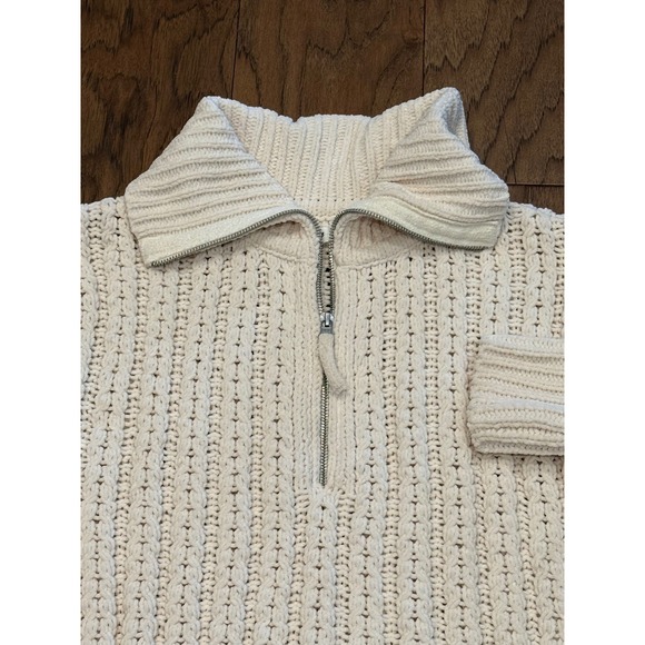 Aerie Women's Cream Cable Knit Quarter Zip Mock Neck Sweater Medium - Picture 2 of 8
